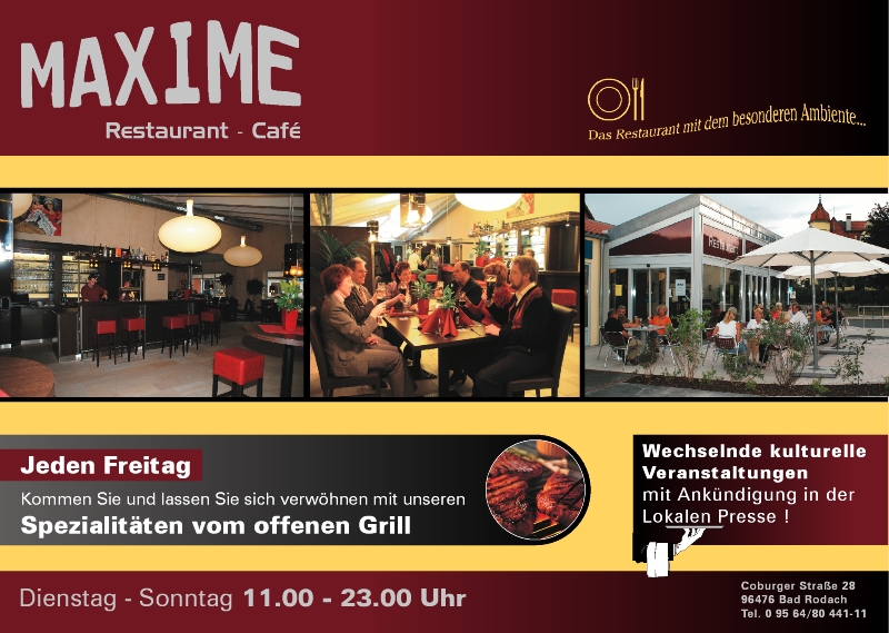 Flyer für MAXIME Restaurant Café aud bad Rodach bei Coburg