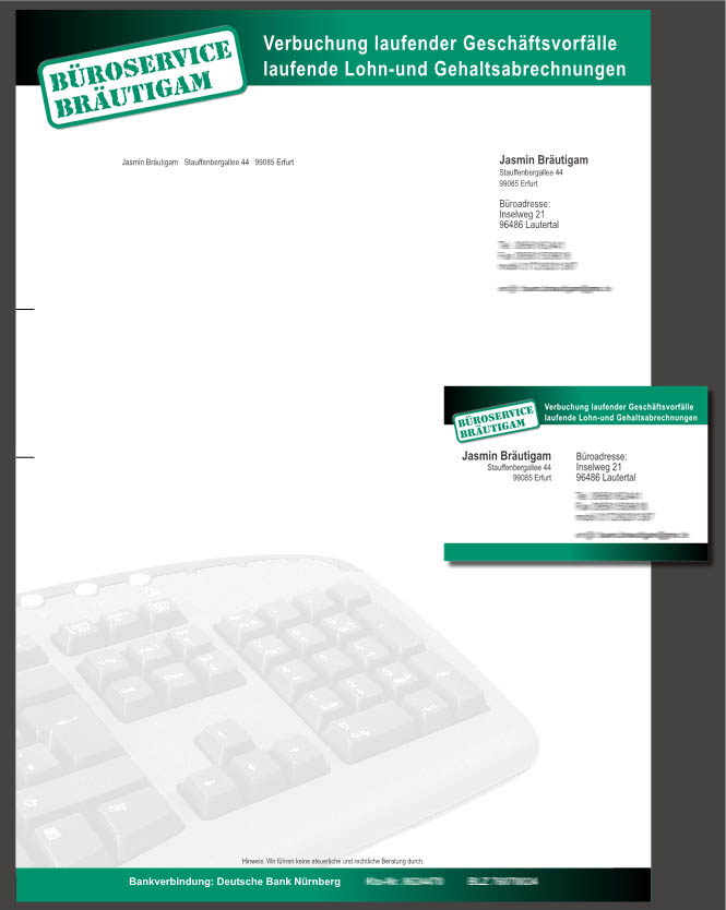 Corporate Design und Druck von Visitenkarten und Briefpapier für Büroservice Bräutigam